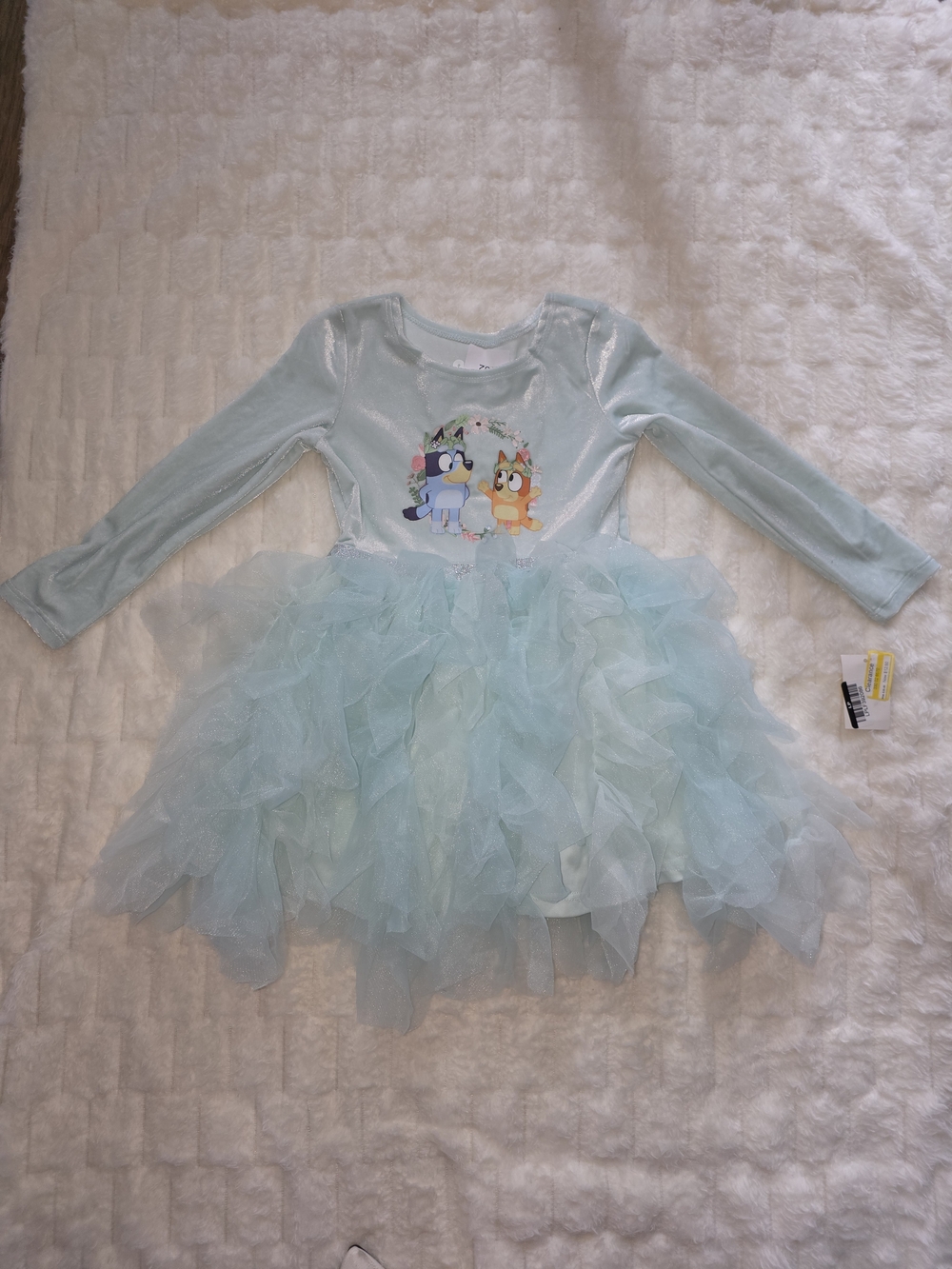 Light Blue Long-Sleeve Tulle Ruffle Kids Dress with Character Print